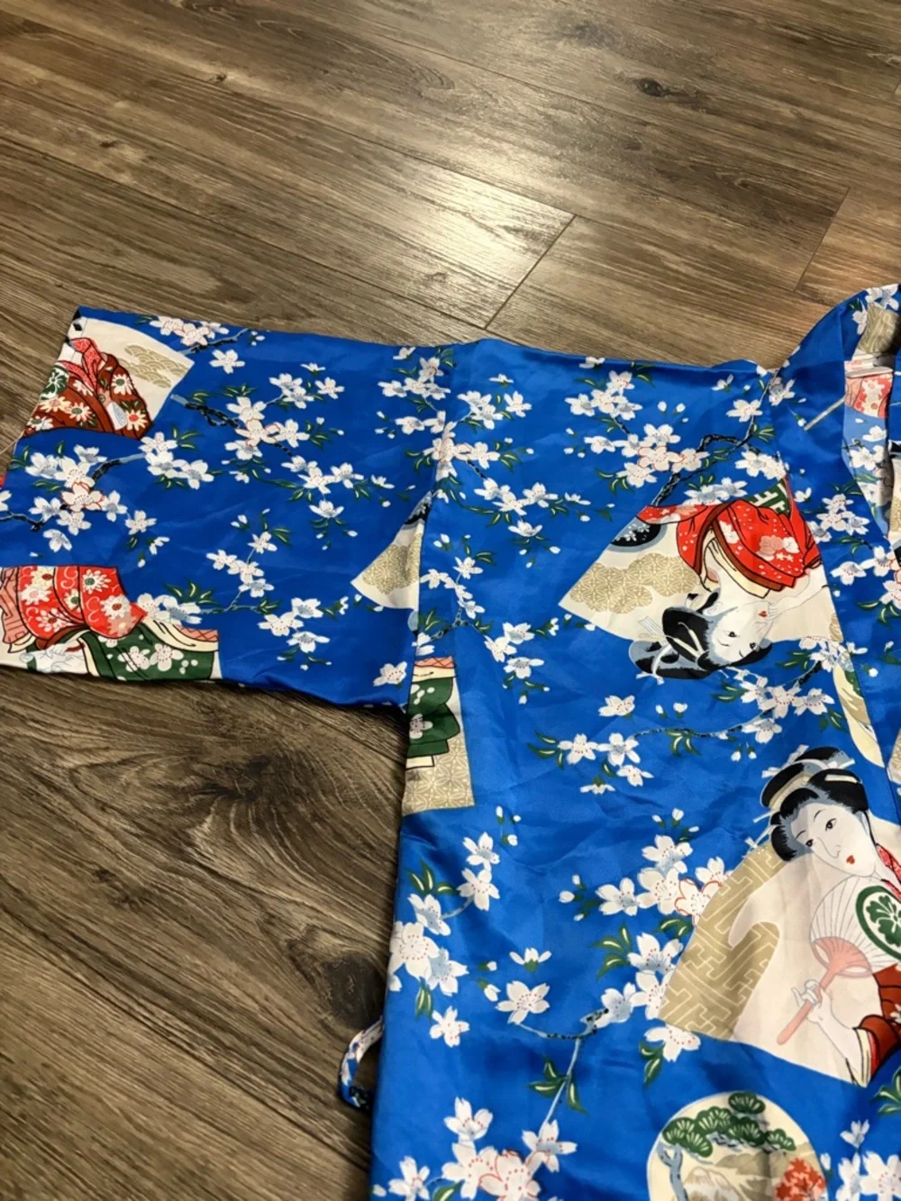 70s European Vintage Geisha Cherry Blossom Maxi Kimono Robe (Blue/Multi) L - Picture 8 of 8